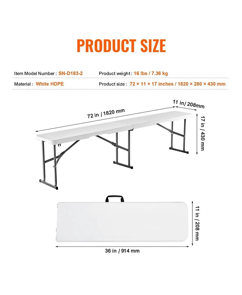 Sugift 6 ft Portable Folding Bench Hdpe Seat for Indoor Outdoor Picnic Patio Camping 1 Pack