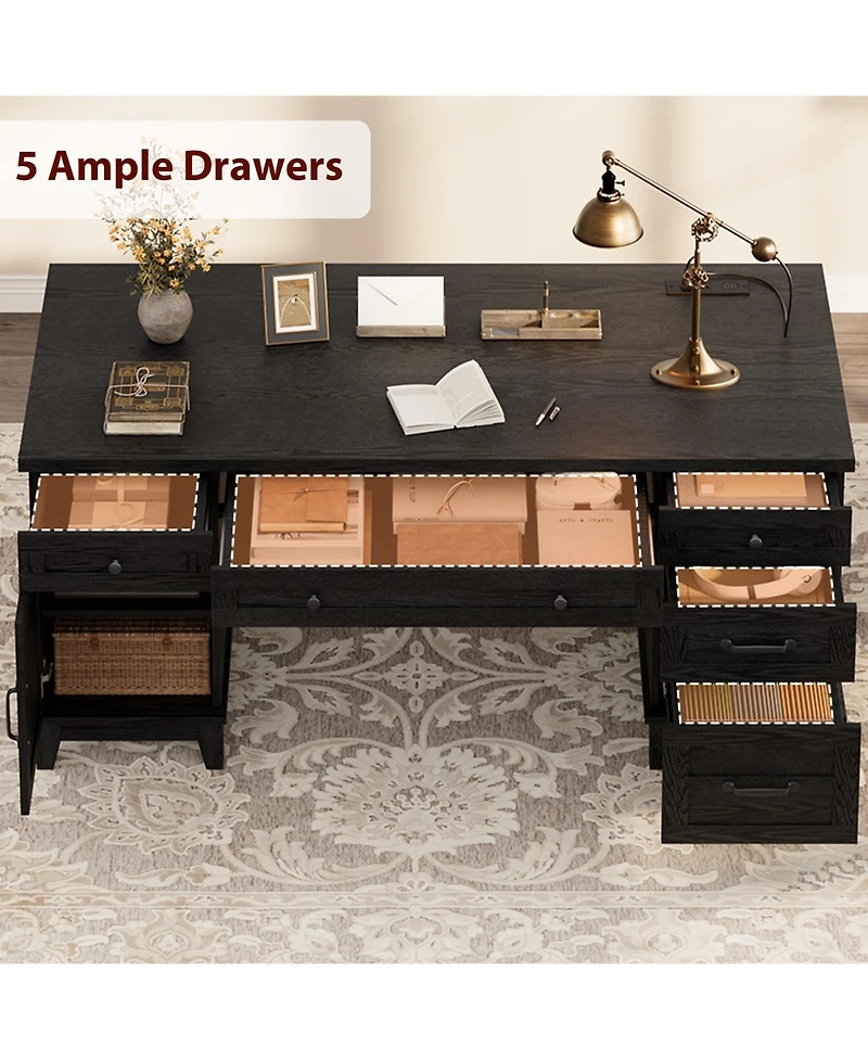 gaomon Farmhouse 60-inch Executive Desk with Charging Station and File Drawers, Rustic Office Desk with Cabinet and 5 Drawers for Home Office