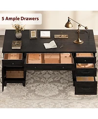 gaomon Farmhouse 60-inch Executive Desk with Charging Station and File Drawers, Rustic Office Desk with Cabinet and 5 Drawers for Home Office