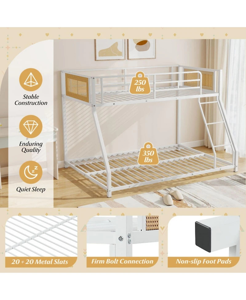 Sugift Metal Twin-Over-Full Bunk Bed with Full Length Safety Guardrail and Ramp Ladder