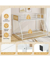 Sugift Metal Twin-Over-Full Bunk Bed with Full Length Safety Guardrail and Ramp Ladder