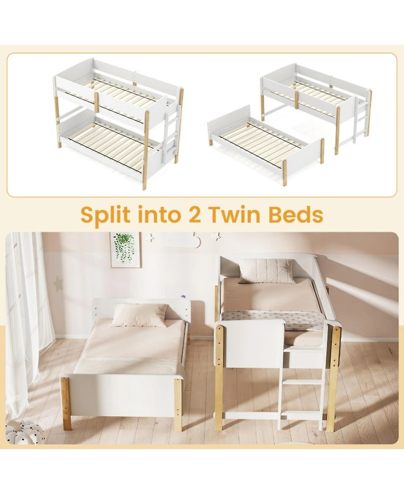 Sugift Twin Over Twin Wood Bunk Bed with Ladder Convertible to 2 Twin Beds for Toddlers