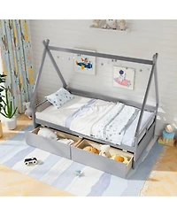 Sugift Twin Size House Bed with Roof and Safety Guardrail