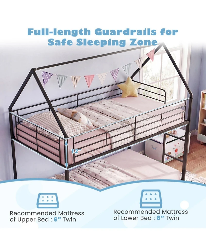 Sugift Twin Over Twin Metal Bunk Bed with Roof and Ladder