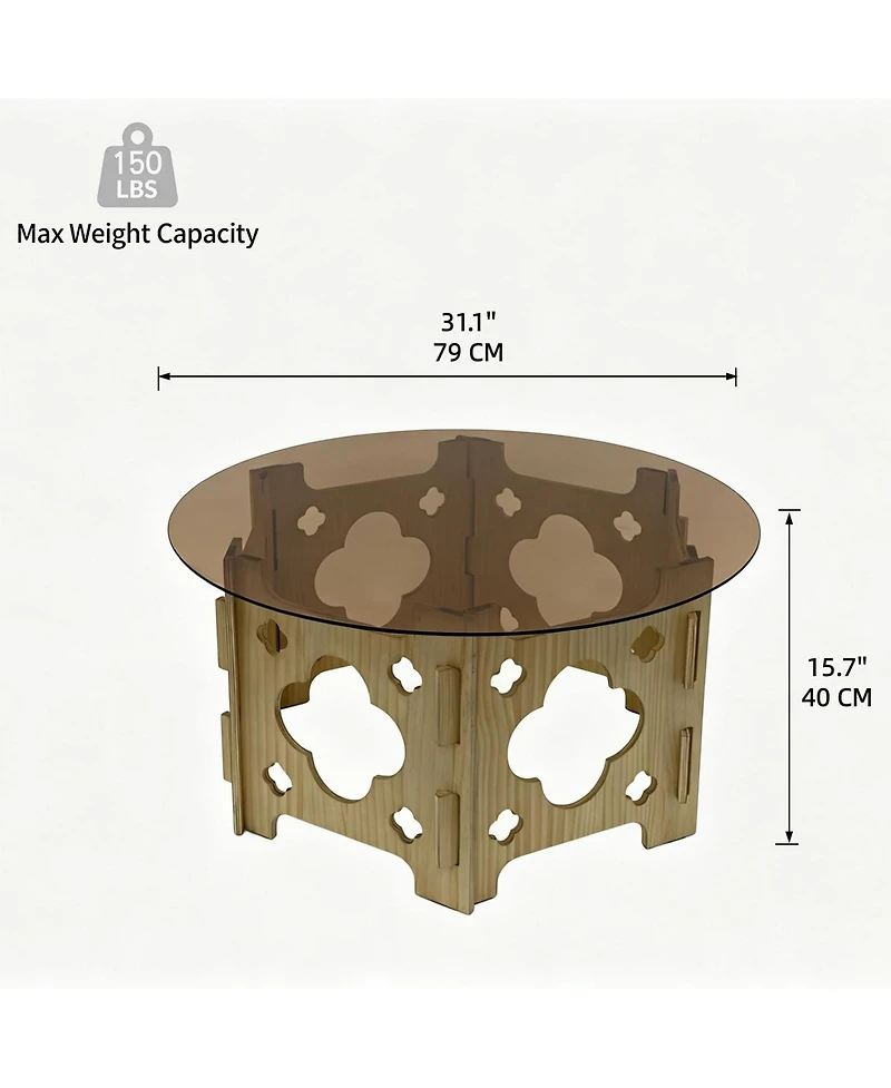 Flynama 31.1" Round Tempered Glass Coffee Table, Floral Hollow Wood Base, Cat Nest Design
