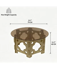 Flynama 31.1" Round Tempered Glass Coffee Table, Floral Hollow Wood Base, Cat Nest Design