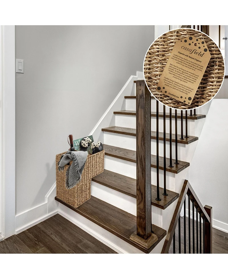 Casafield Stair Basket with Handles, Natural Seagrass - Woven Staircase Step Organizer Bin