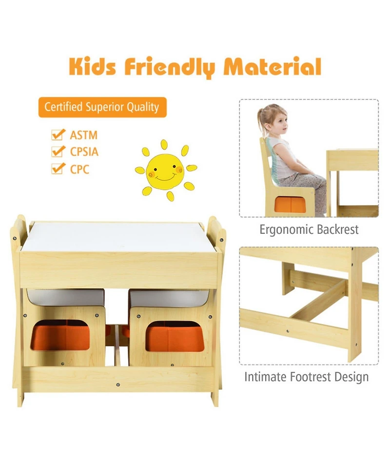 Gouun Kids 24 Inch Activity Table with 2 Chairs Blackboard Whiteboard and Storage