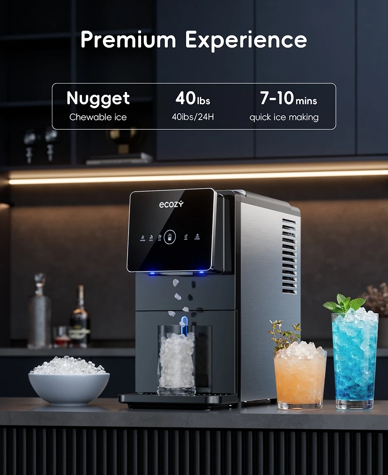 Ecozy Chillio Nugget Ice Maker, 40 lbs/Day, Touchless Dispensing