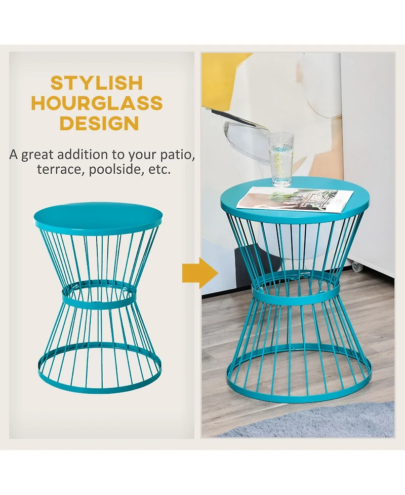 Outsunny 16" Steel Patio End Table, Side Table with Hourglass Design, Accent Table for Outdoor and Indoor Use, Blue