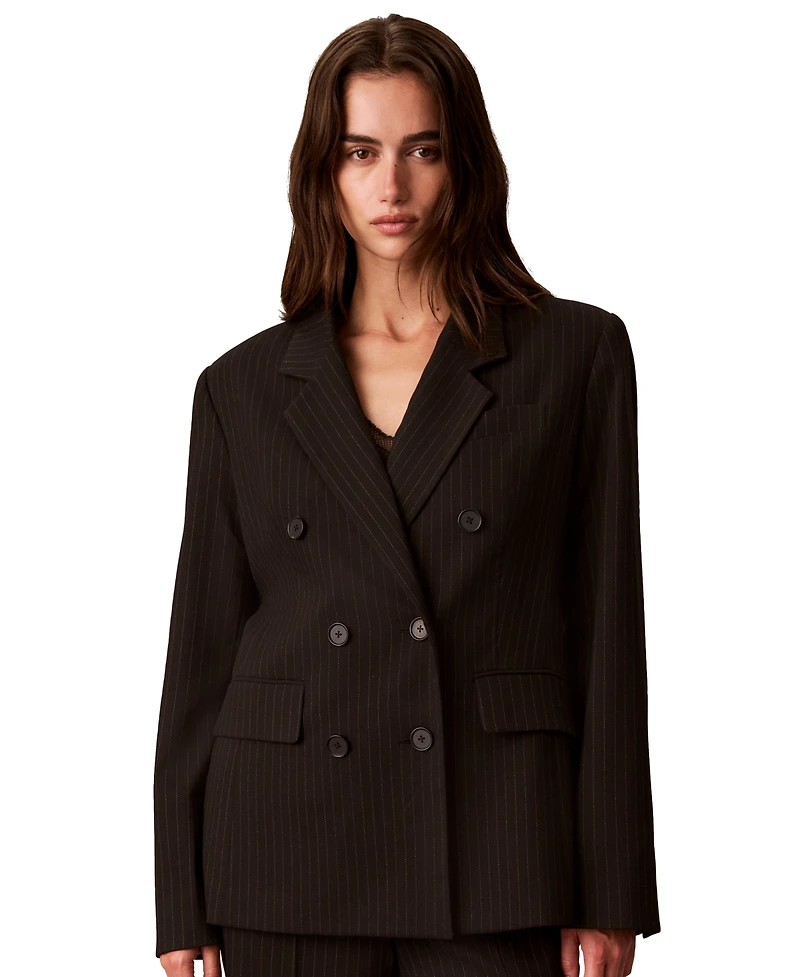 Calvin Klein Women's Petite Double Breasted Notch Collar Pinstripe Blazer