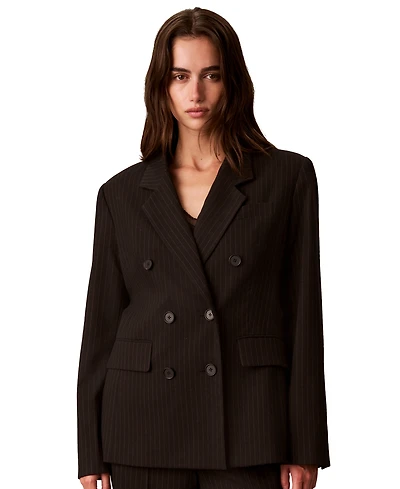 Calvin Klein Women's Petite Double Breasted Notch Collar Pinstripe Blazer
