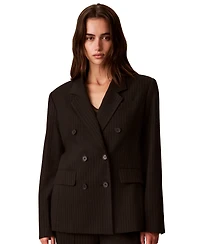 Calvin Klein Women's Petite Double Breasted Notch Collar Pinstripe Blazer