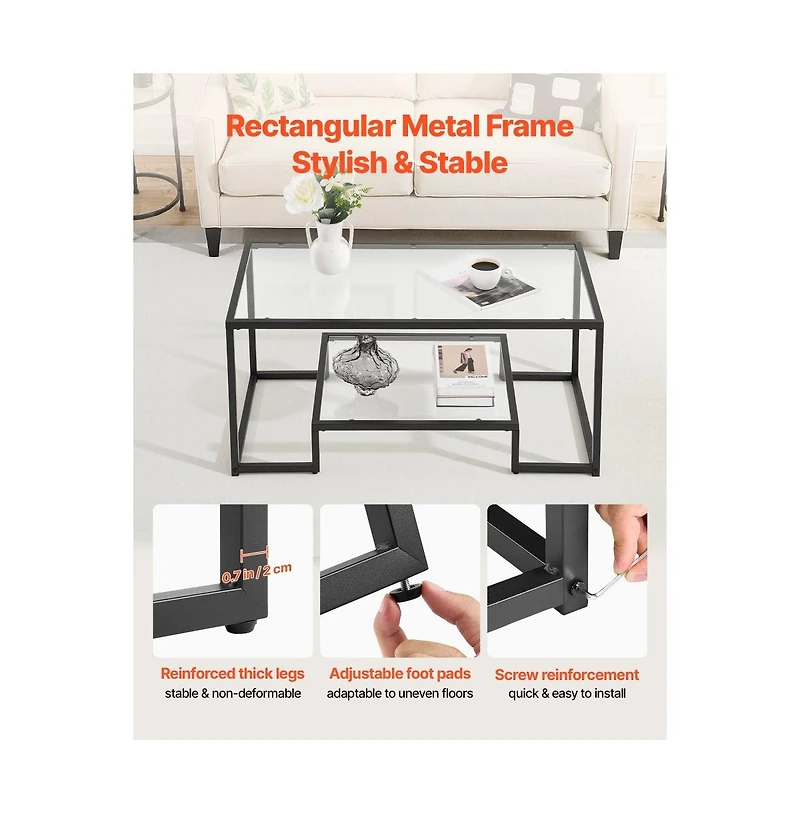 Slickblue 2-Tier Tempered Glass Center Table with Metal Frame, Modern Coffee Table for Home Office