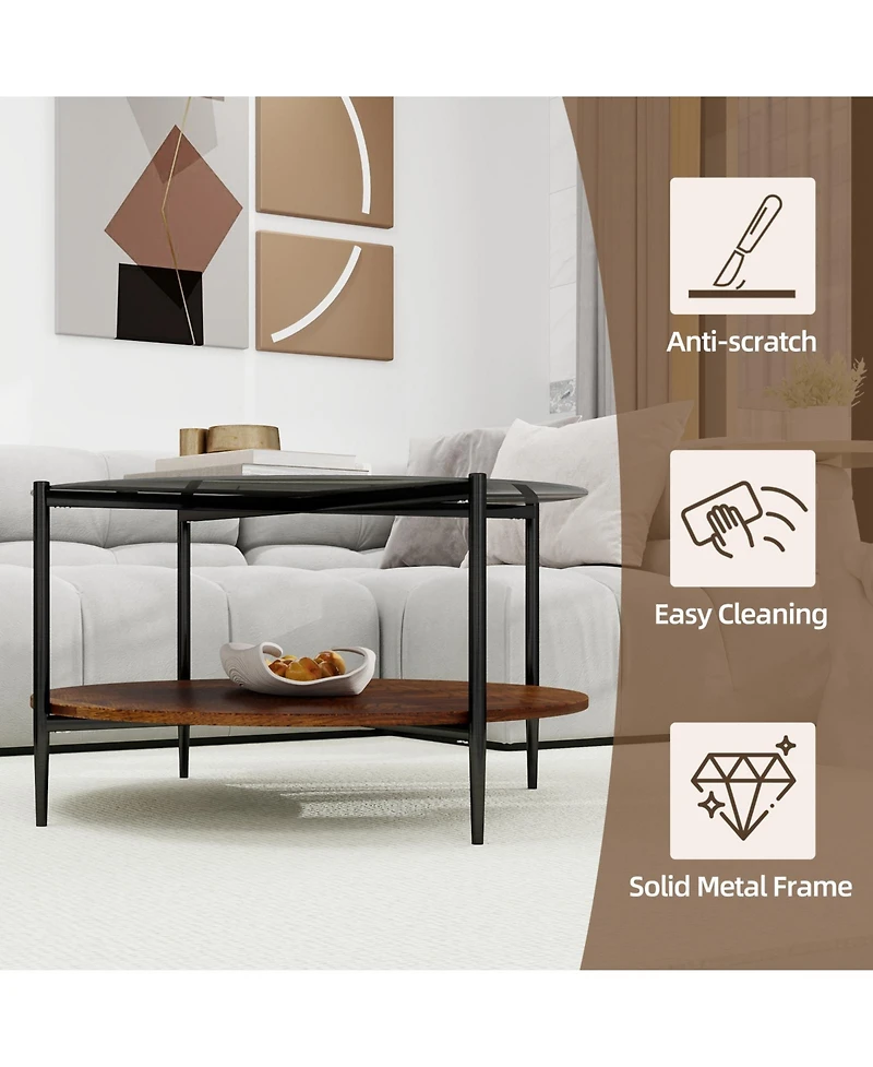 Flynama Mid Century Round Coffee Table Glass Top Wood Shelf Metal Frame Living Room Table