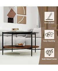 Flynama Mid Century Round Coffee Table Glass Top Wood Shelf Metal Frame Living Room Table