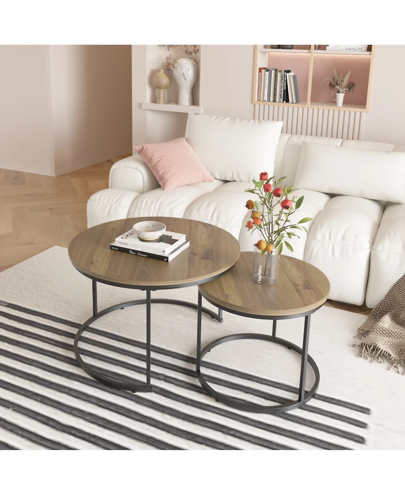 Flynama 27.6" Nesting Coffee Table Set of 2 Mdf Marble Top Metal Frame Side Tables