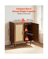 Sugift Rattan Storage Cabinet with 2 Magnetic Doors Adjustable Shelves Wooden Legs and Power Cord Hole