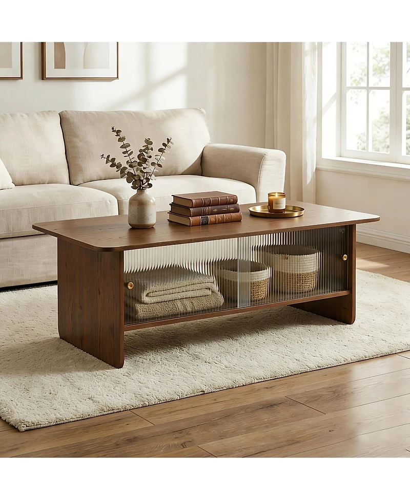 Flynama 47" Rectangular Coffee Table with Fluted Glass Doors