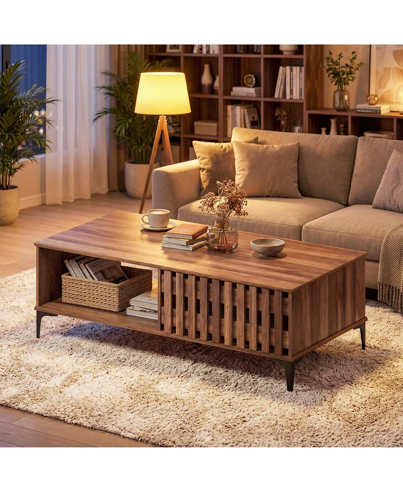 Costway 47" Mid Century Coffee Table with Fence Doors Open Compartment Front Rear Cabinets