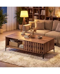 Costway 47" Mid Century Coffee Table with Fence Doors Open Compartment Front Rear Cabinets