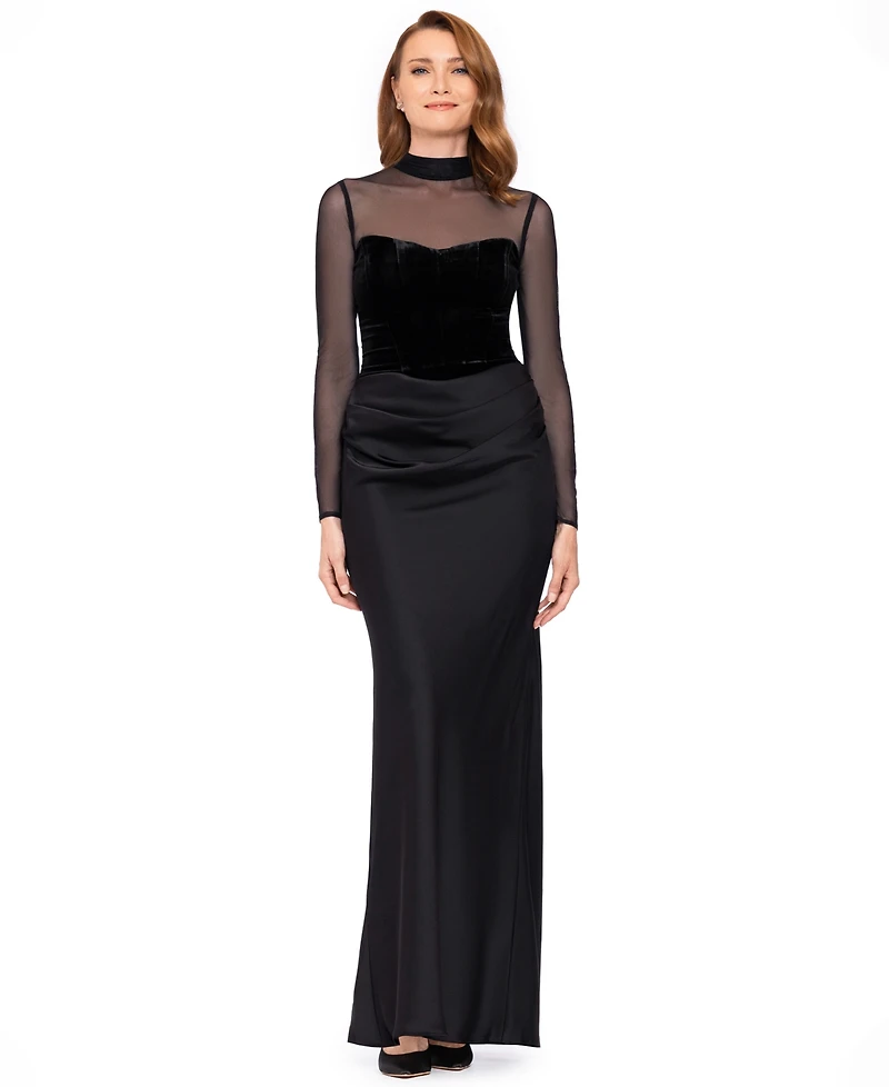 Betsy & Adam Women's Short Scuba Crepe With Drape Back Velvet Long-Sleeve Mesh Gown