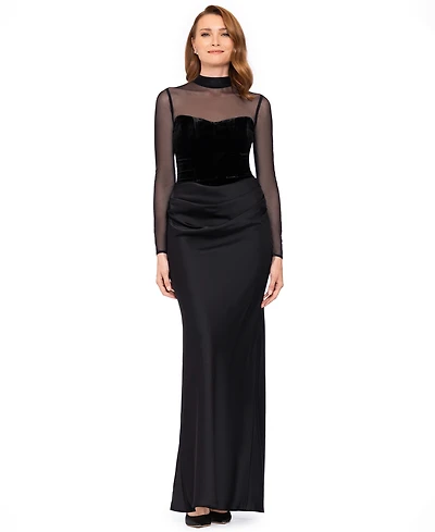 Betsy & Adam Women's Short Scuba Crepe With Drape Back Velvet Long-Sleeve Mesh Gown