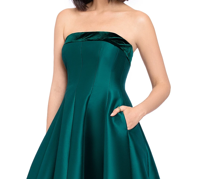Betsy & Adam Women's Strapless Mikado With Velvet Stripe High Low Fit Flare Dress