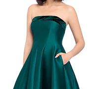Betsy & Adam Women's Strapless Mikado With Velvet Stripe High Low Fit Flare Dress