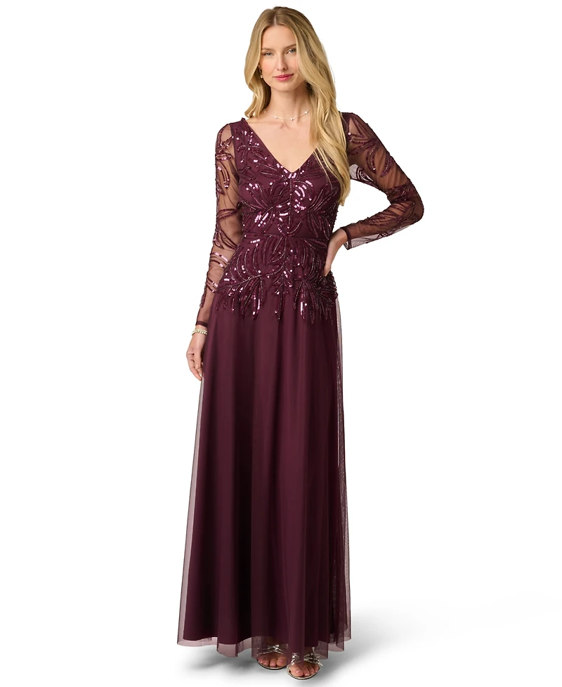 Adrianna Papell Women's Beaded V-Neck Long-Sleeve Dress