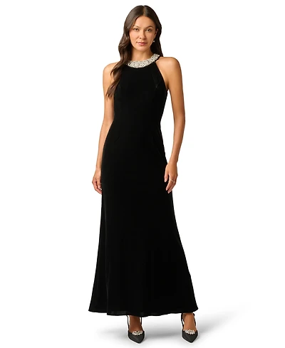 Adrianna Papell Women's Pearly Collar Velvet Halter Gown