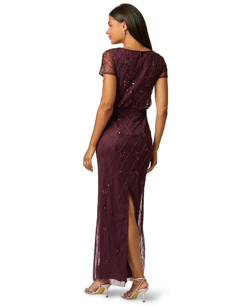 Adrianna Papell Women's Bead Blouson Boat Neck Short-Sleeve Long Dress