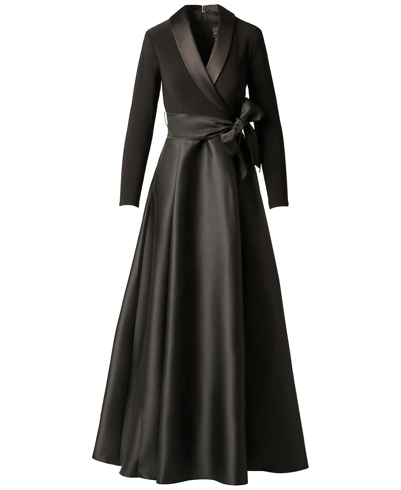 Adrianna Papell Women's Tuxedo Combo Fit and Flare Long-Sleeve Shawl Collar Satin Gown