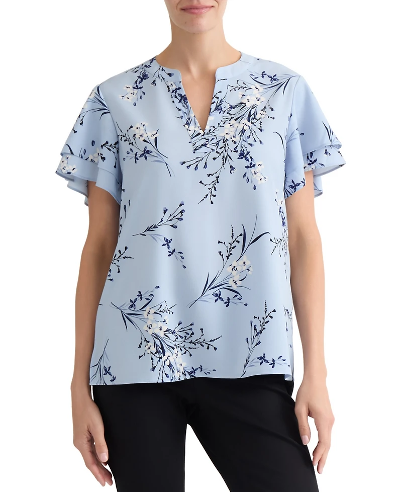 Jones New York Petite Floral-Print Short-Sleeve Blouse