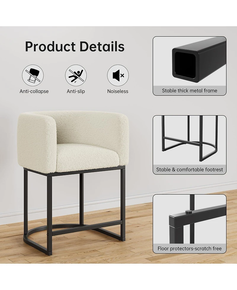 Bar Stools Set of 4 - Modern Lambswool Upholstered Counter Height Chairs with Backrest and Arms, Sturdy Black Metal Frame for Kitchen Island