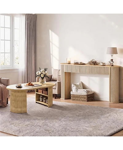 Gaomon Living Room Furniture Set of 2 Fluted Console Table 59" and Oval Coffee Table 39" Mid Century Modern Wood Entryway Sofa Table with Open Shelf