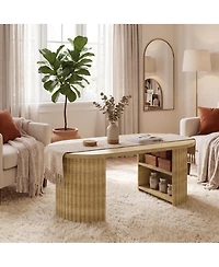 Gaomon Living Room Furniture Set of 2 Fluted Console Table 59" and Oval Coffee Table 39" Mid Century Modern Wood Entryway Sofa Table with Open Shelf
