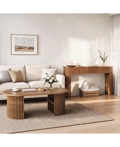 Gaomon Living Room Furniture Set of 2 Fluted Console Table 59" and Oval Coffee 39" Mid Century Modern Wood Entryway Sofa with Open Shelf