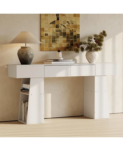63" Long Console Table with 2 Drawers, Modern Farmhouse Entryway Table Behind Couch Hidden Storage, Narrow Wood Sofa Table for Hallway, Living Room