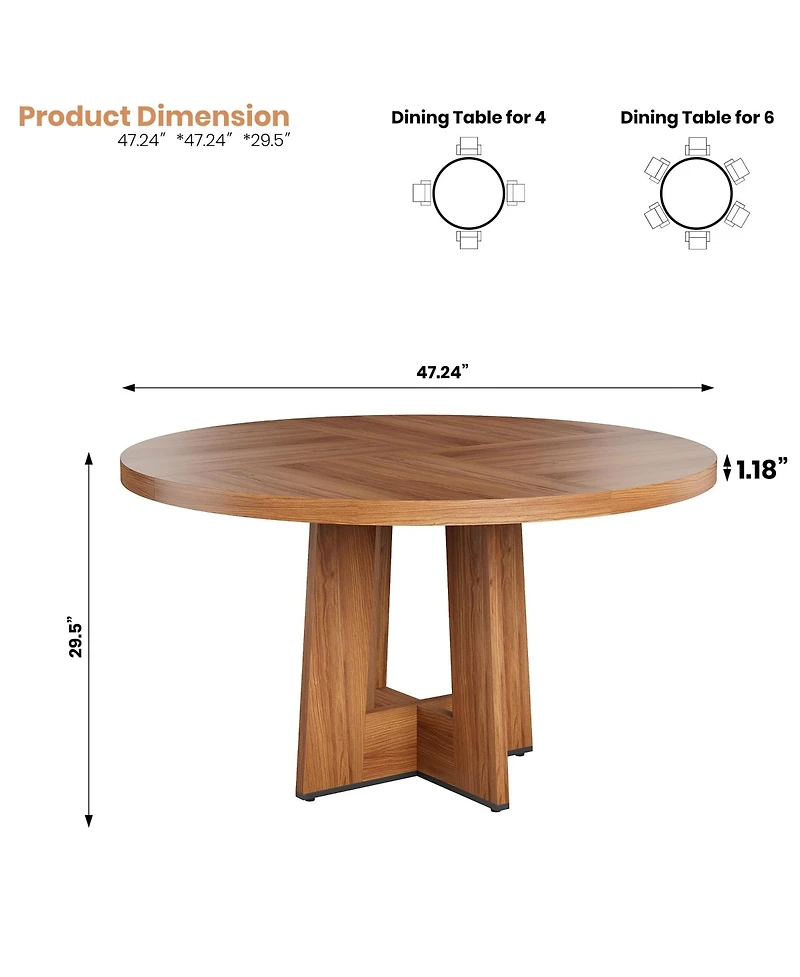 Dining Table, 47 in Round Kitchen Table for 4-6 | Farmhouse Circle Dining Table, Sturdy Pedestal Base for Dining Room