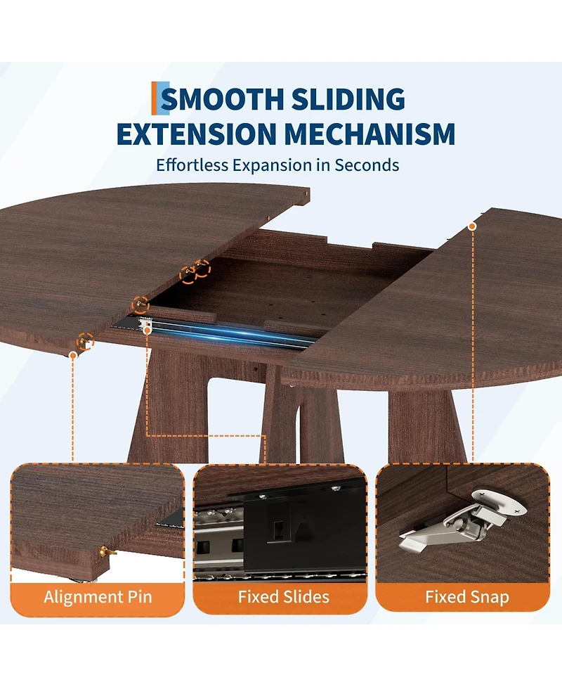 43.3"-59" Convertible Dining Table, Extendable Round to Oval Table Seating 4-8, Pedestal Base with Open Storage Shelf, Compact Furniture for Kitchen