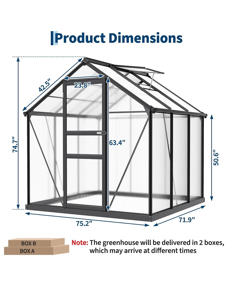 6x6 Ft Walk-In Outdoor Greenhouse, Aluminum Frame with Polycarbonate Panels for Patio Backyard Garden All-Season Plant Growing, Clear