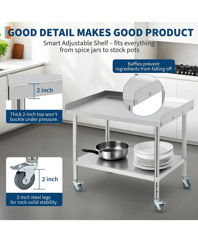 28" x 24" x 30" Stainless Steel Bbq Work Table with Wheels and Removable Backsplash, Heavy Duty Outdoor Prep Station for Patio Backyard, Silver