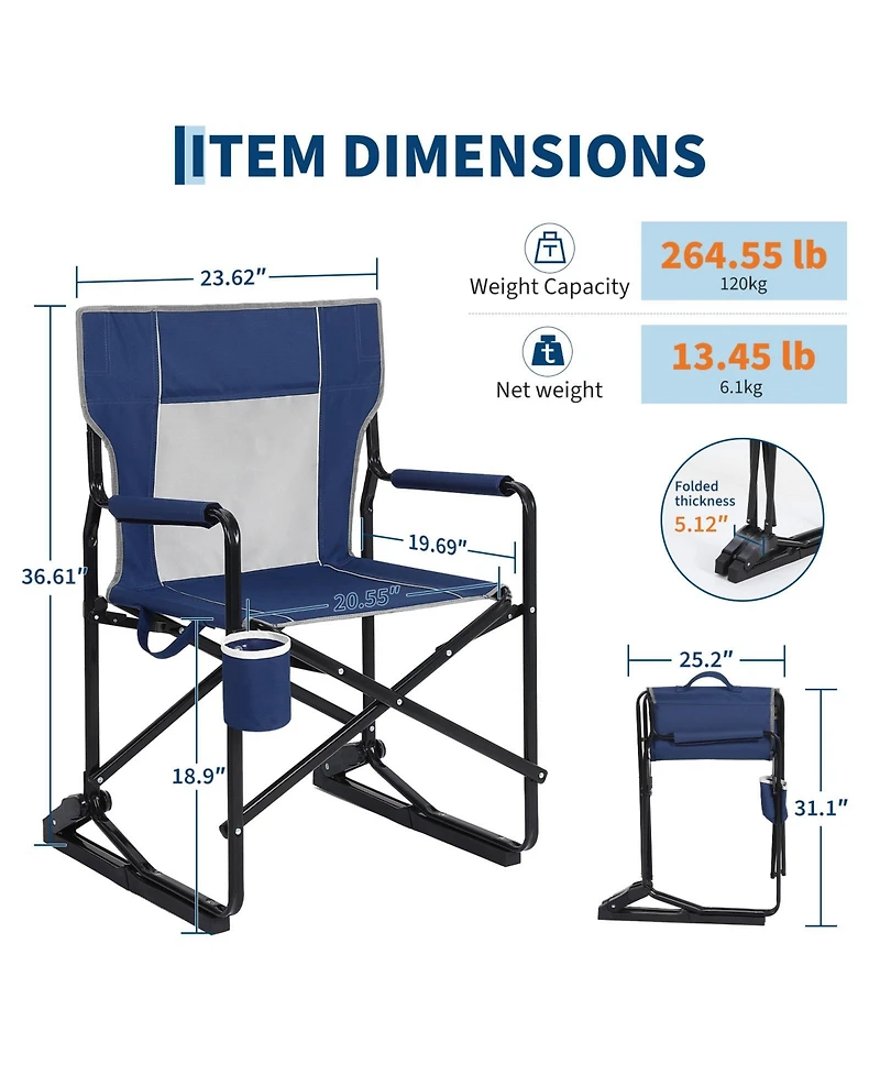 Portable Folding Rocking Camping Chair with Cup Holder, Breathable Backrest