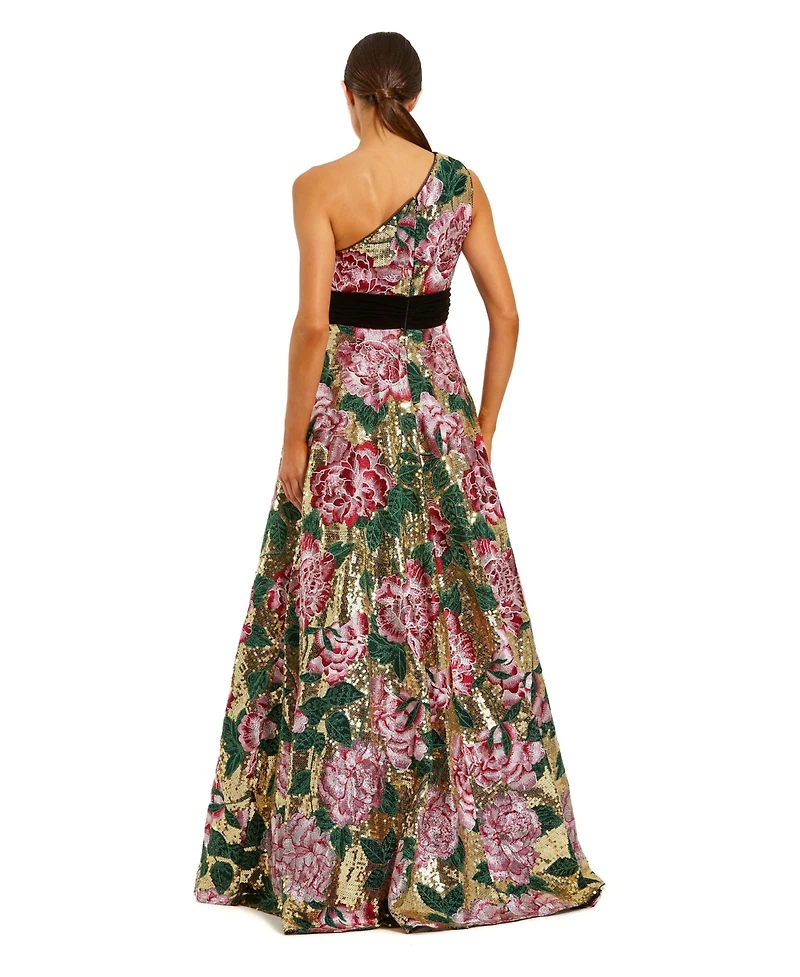 Mac Duggal Women's One-Shoulder Floral Sequin Ball Gown with Velvet Bow
