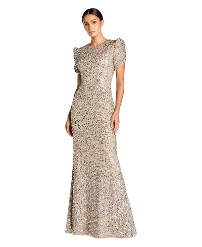 Mac Duggal Women's Embellished Mesh High-Neck Short Sleeve Gown