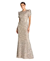 Mac Duggal Women's Embellished Mesh High-Neck Short Sleeve Gown