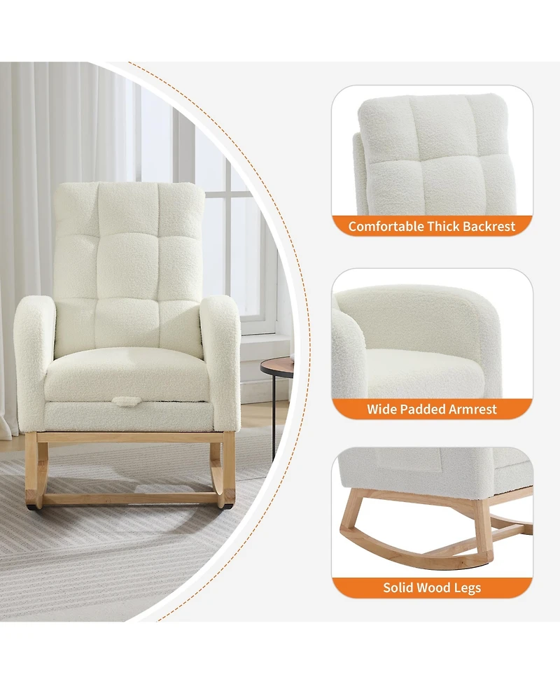 Beige Upholstered Rocking Glider Armchair with Footrest and Side Pocket, Modern Nursery Rocker Chair for Living Room and Nursing Room