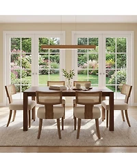 4 Set of Modern Rattan Dining Chairs, Linen Upholstered Ergonomic Chairs with Curved Backrest and Wooden Legs, Mid-Century Farmhouse Seating for Home