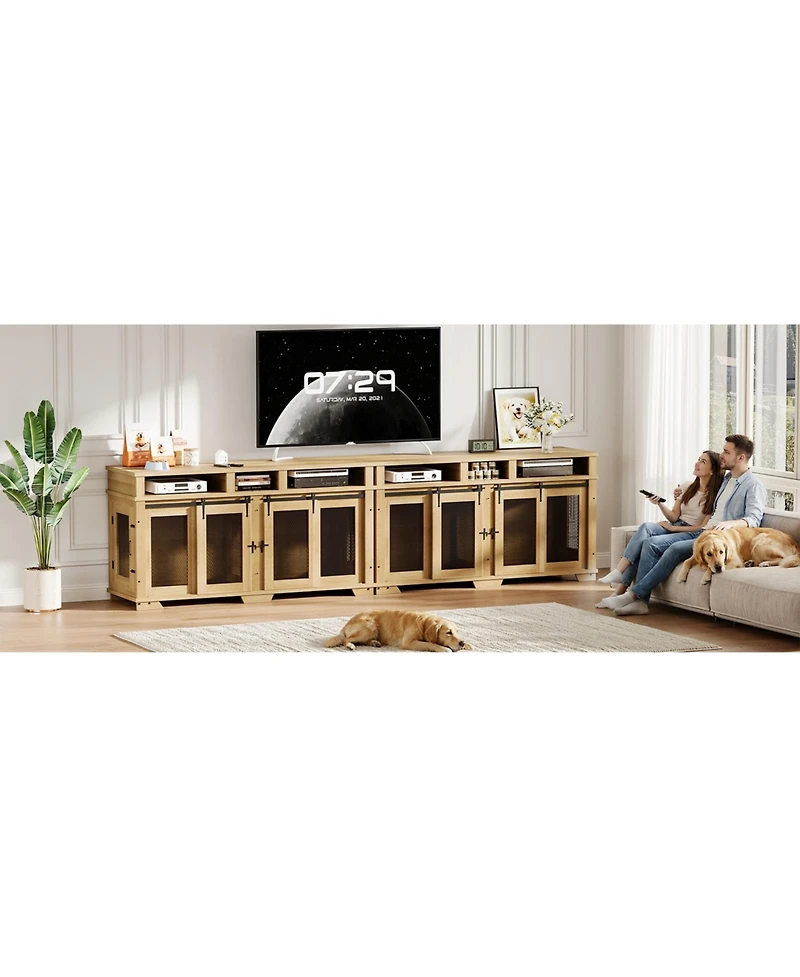 Double Dog Crate Furniture, 71 Inch Extra Large Wooden Heavy Duty Indoor Pet Kennel with Sliding Barn Door, Removable Divider, Tv Stand End Table